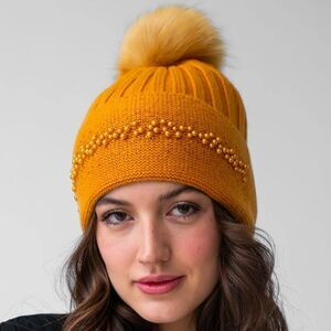NWT New Adrienne Landau Pearl Trim Faux Fur Pom-Pom Knit Wool Blend Beanie Hat A